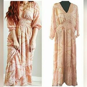 NWT Dex Boho Cream Pink Orange 3/4 Sleeve Elastic Waist Lined Maxi Dress, Sz. 2X